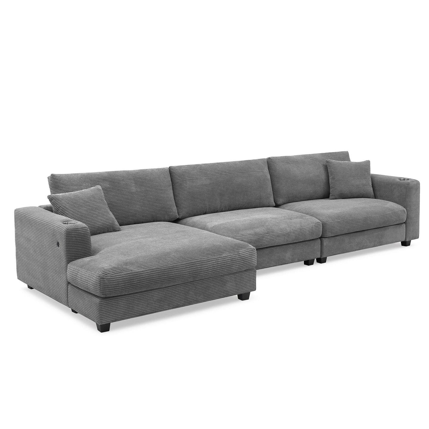Corduroy Sectional Sofa,L Shaped Cloud Couch With Usb Charging Port,Cup Holder,Deep Seat Sofa Bed With 50 Chaise