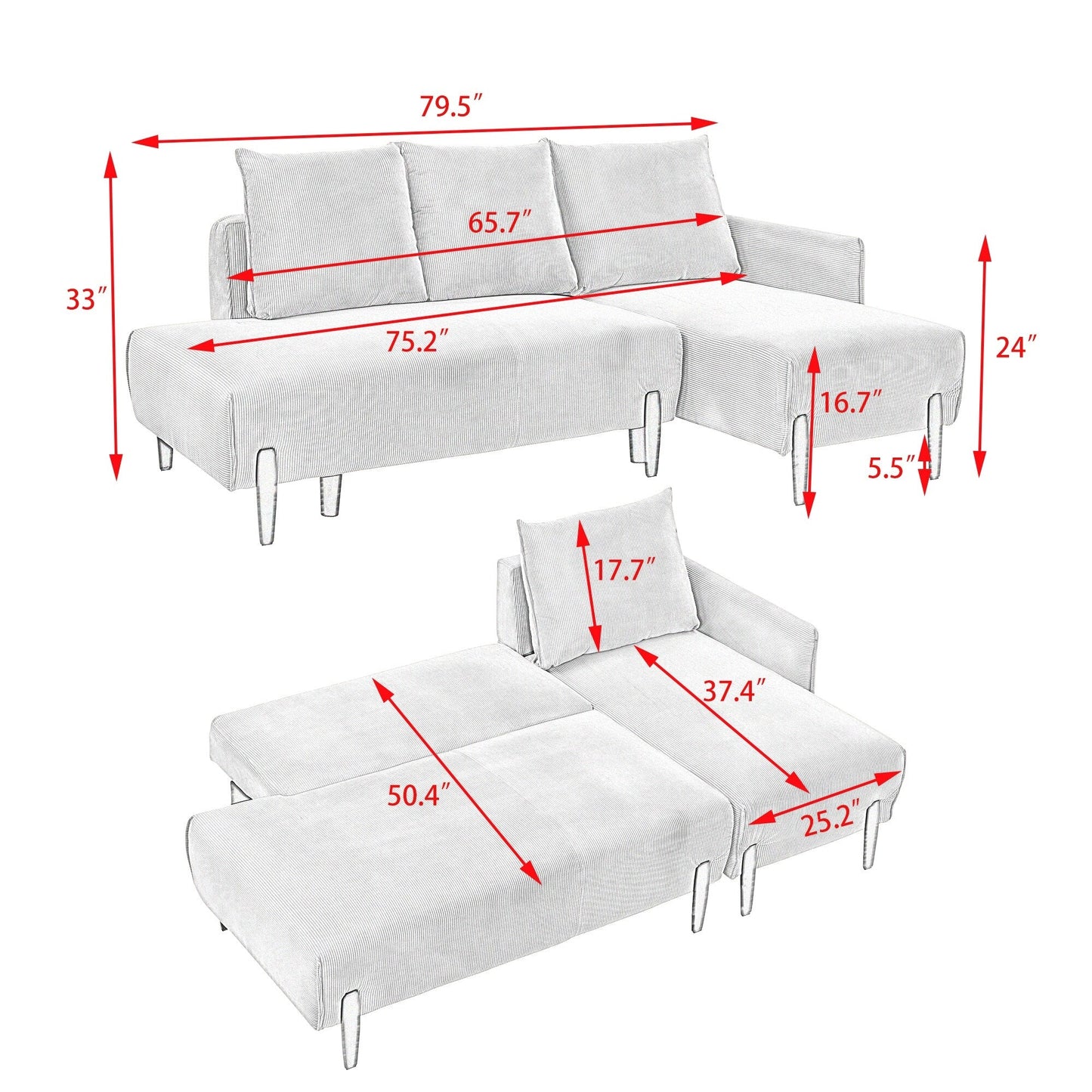 Corduroy Sofa Recliner Sofa with Metal Tapered Legs, Long Couch with 3 Matching Pillows and Side Pockets for Living Room