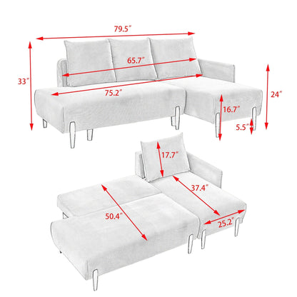Corduroy Sofa Recliner Sofa with Metal Tapered Legs, Long Couch with 3 Matching Pillows and Side Pockets for Living Room