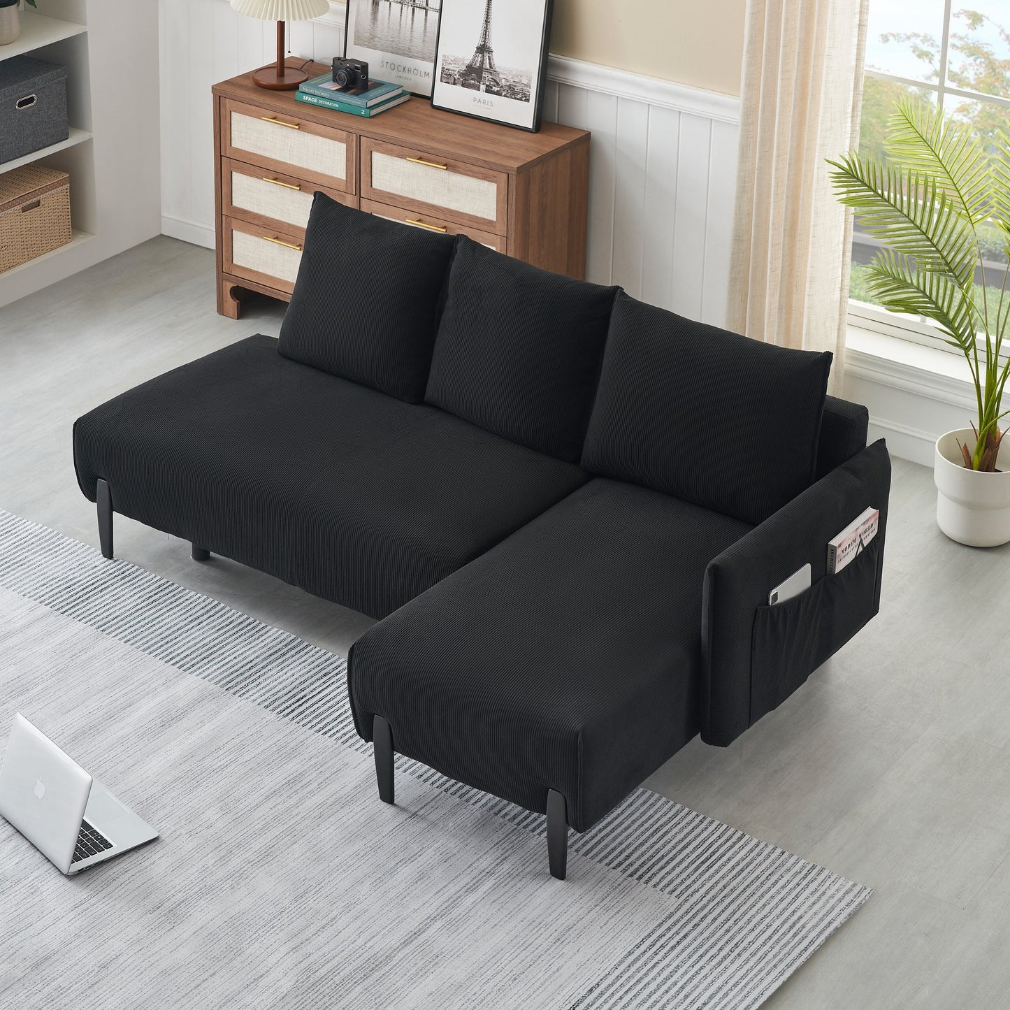 Corduroy Sofa Recliner Sofa with Metal Tapered Legs, Long Couch with 3 Matching Pillows and Side Pockets for Living Room