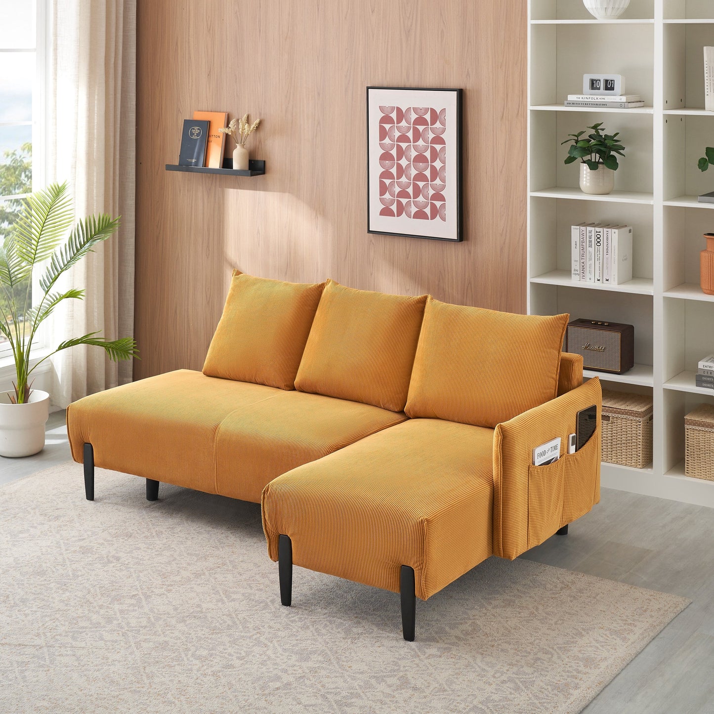 Corduroy Sofa Recliner Sofa with Metal Tapered Legs, Long Couch with 3 Matching Pillows and Side Pockets for Living Room