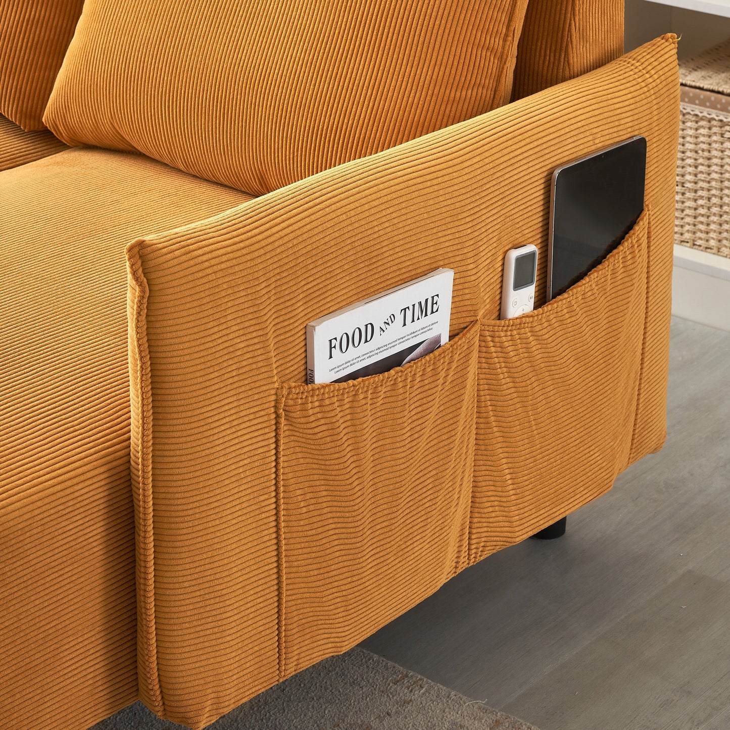 Corduroy Sofa Recliner Sofa with Metal Tapered Legs, Long Couch with 3 Matching Pillows and Side Pockets for Living Room