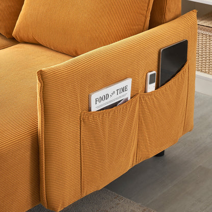 Corduroy Sofa Recliner Sofa with Metal Tapered Legs, Long Couch with 3 Matching Pillows and Side Pockets for Living Room