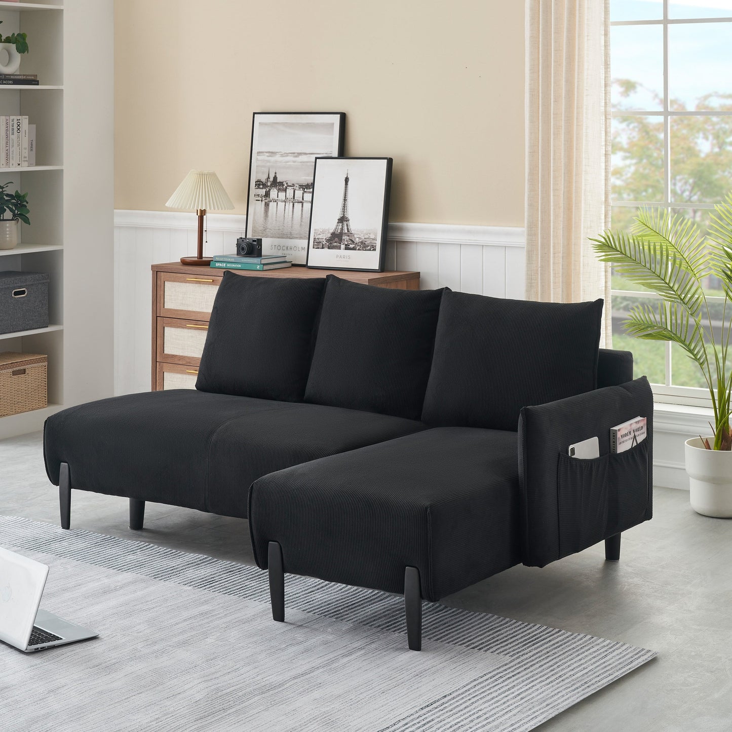 Corduroy Sofa Recliner Sofa with Metal Tapered Legs, Long Couch with 3 Matching Pillows and Side Pockets for Living Room