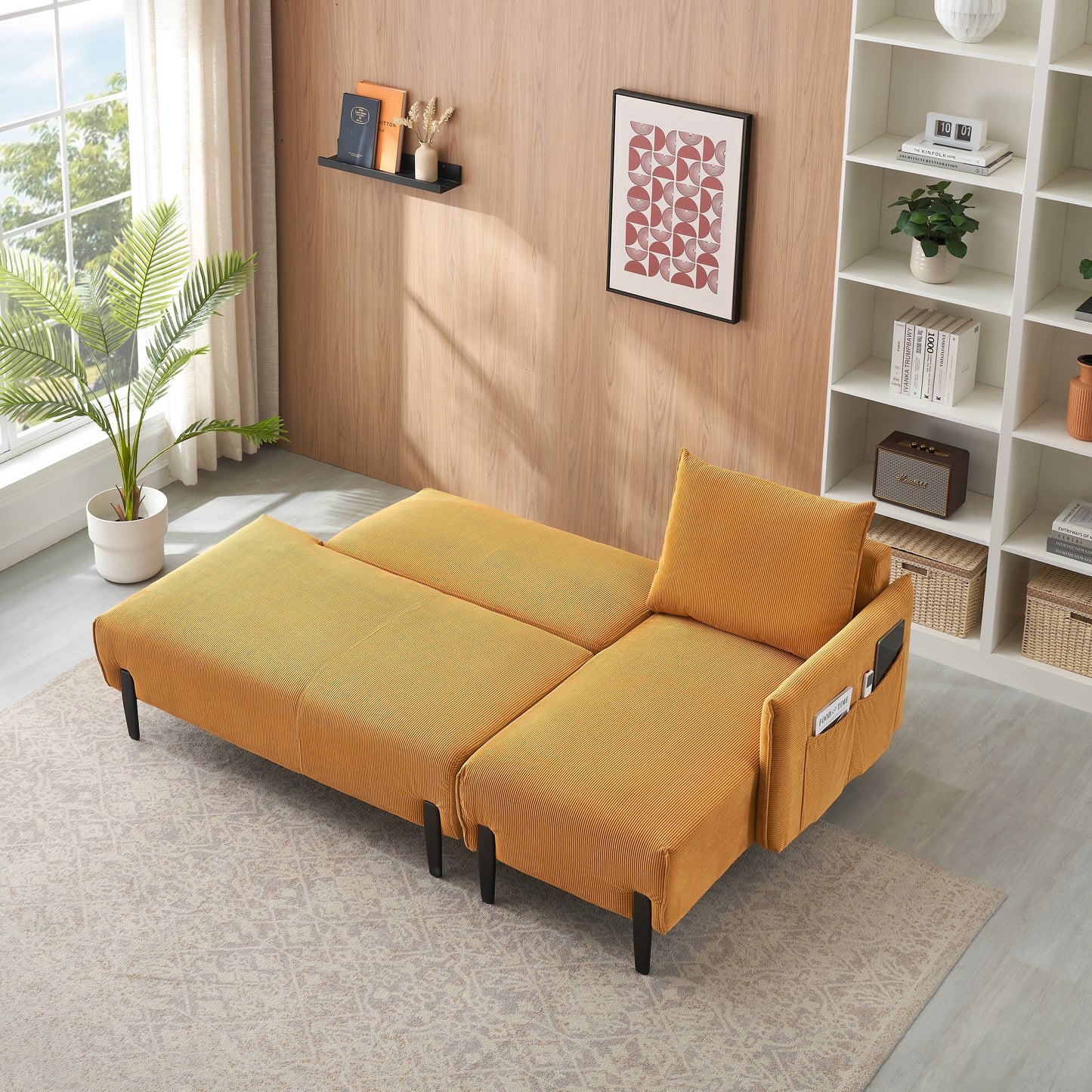 Corduroy Sofa Recliner Sofa with Metal Tapered Legs, Long Couch with 3 Matching Pillows and Side Pockets for Living Room