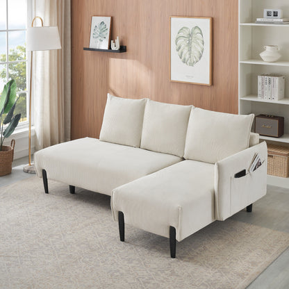 Corduroy Sofa Recliner Sofa with Metal Tapered Legs, Long Couch with 3 Matching Pillows and Side Pockets for Living Room