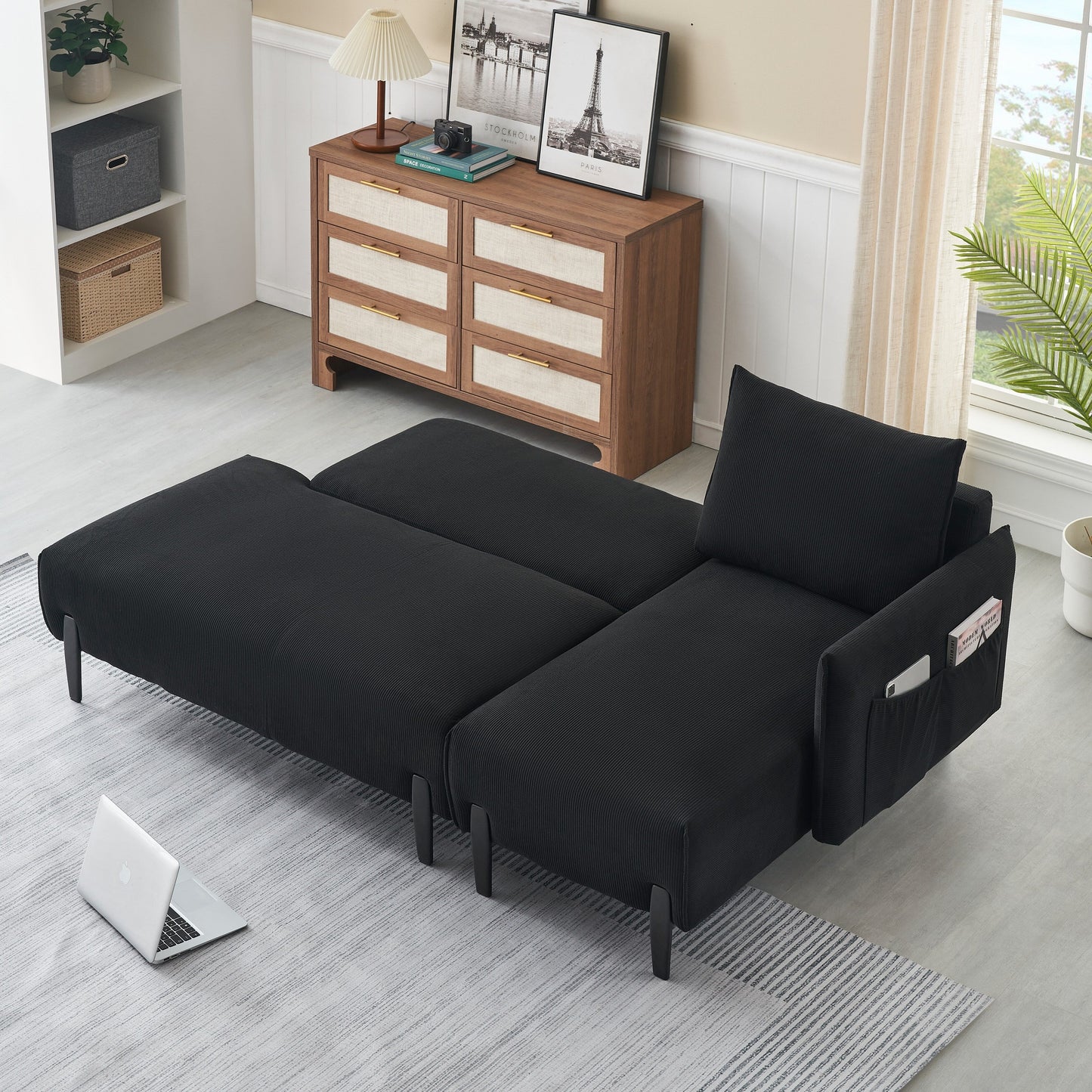 Corduroy Sofa Recliner Sofa with Metal Tapered Legs, Long Couch with 3 Matching Pillows and Side Pockets for Living Room