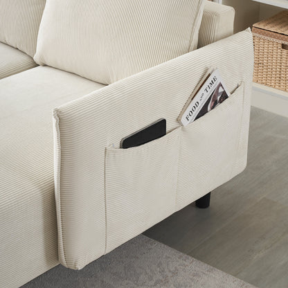 Corduroy Sofa Recliner Sofa with Metal Tapered Legs, Long Couch with 3 Matching Pillows and Side Pockets for Living Room