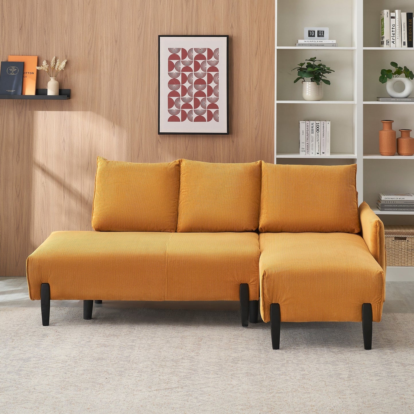 Corduroy Sofa Recliner Sofa with Metal Tapered Legs, Long Couch with 3 Matching Pillows and Side Pockets for Living Room