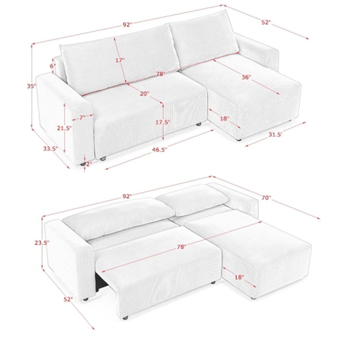 Corduroy Upholstered 3 Seater Sofa Bed