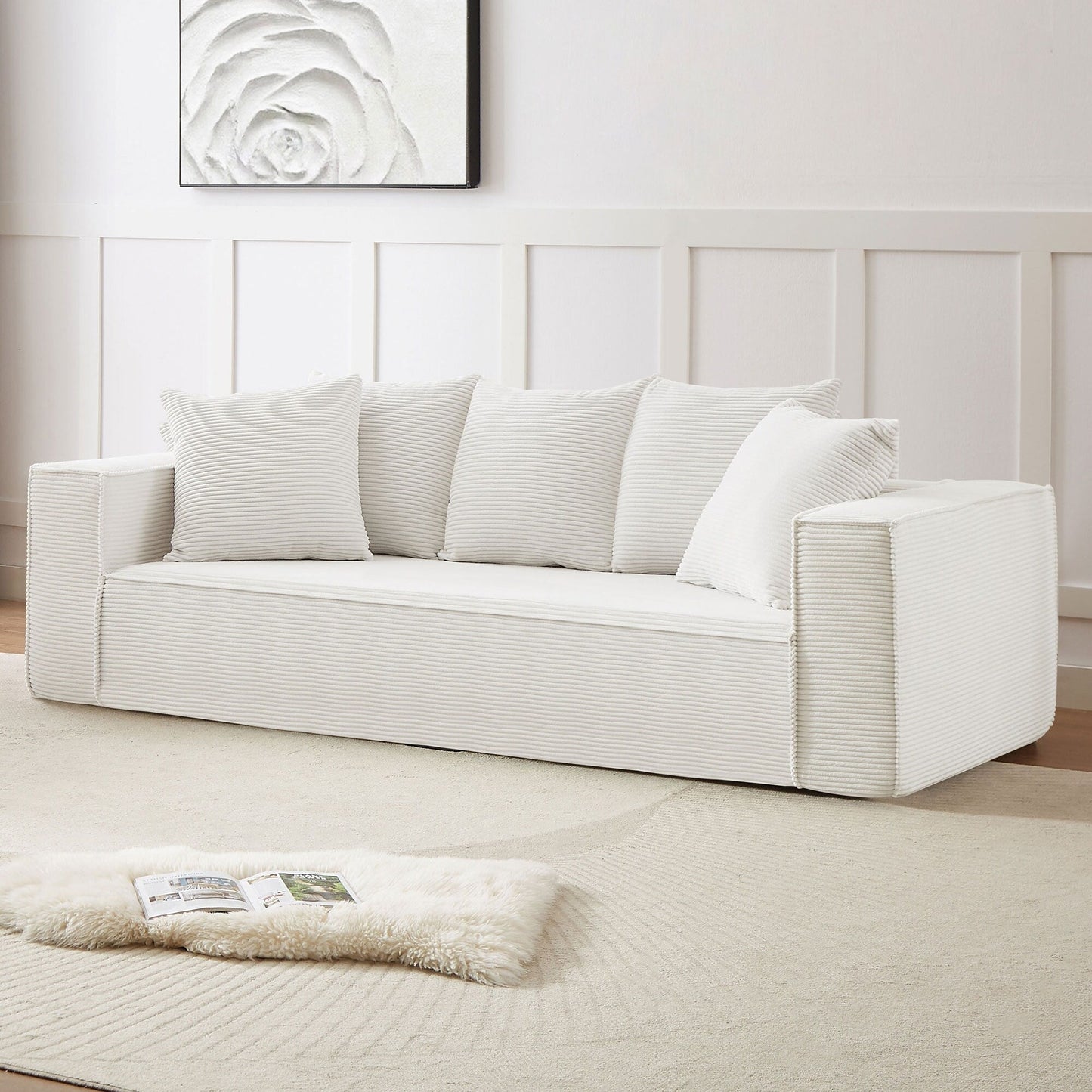 Corduroy Upholstered 3-seater Sofa with 5 Toss Pillows