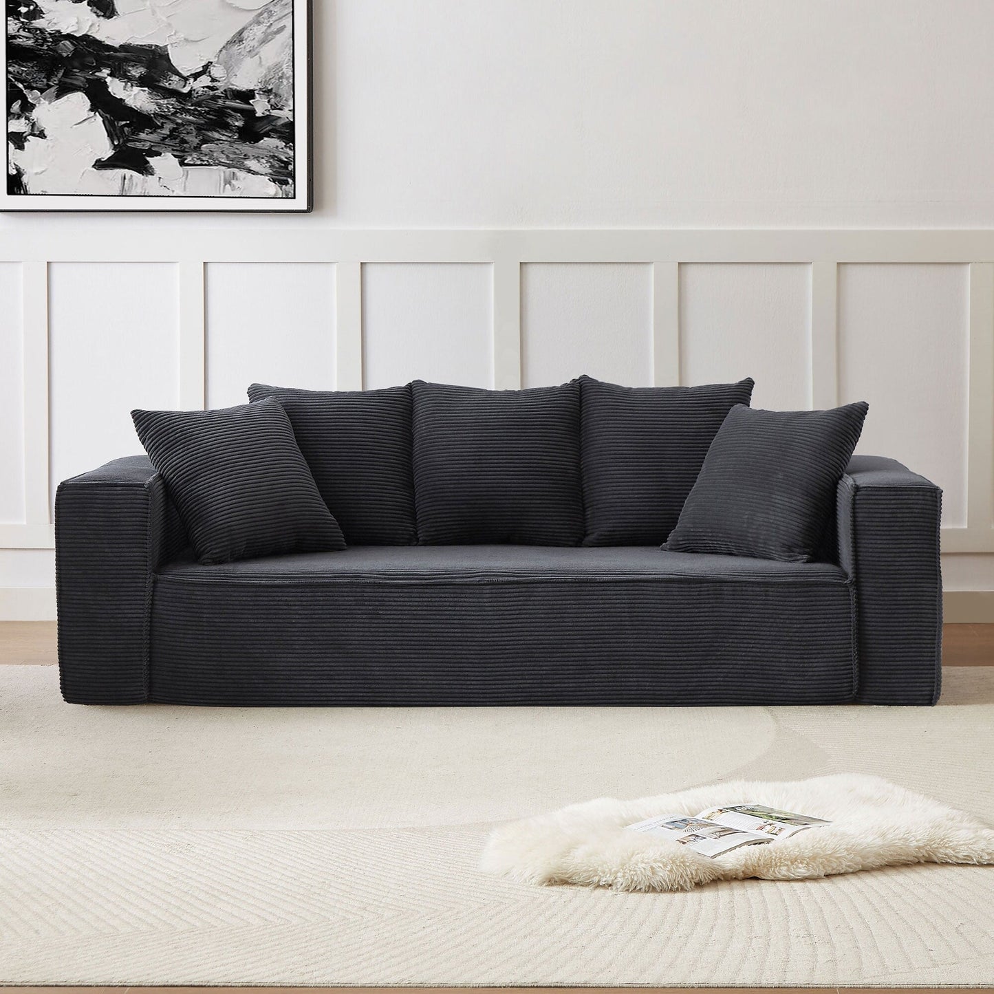 Corduroy Upholstered 3-seater Sofa with 5 Toss Pillows