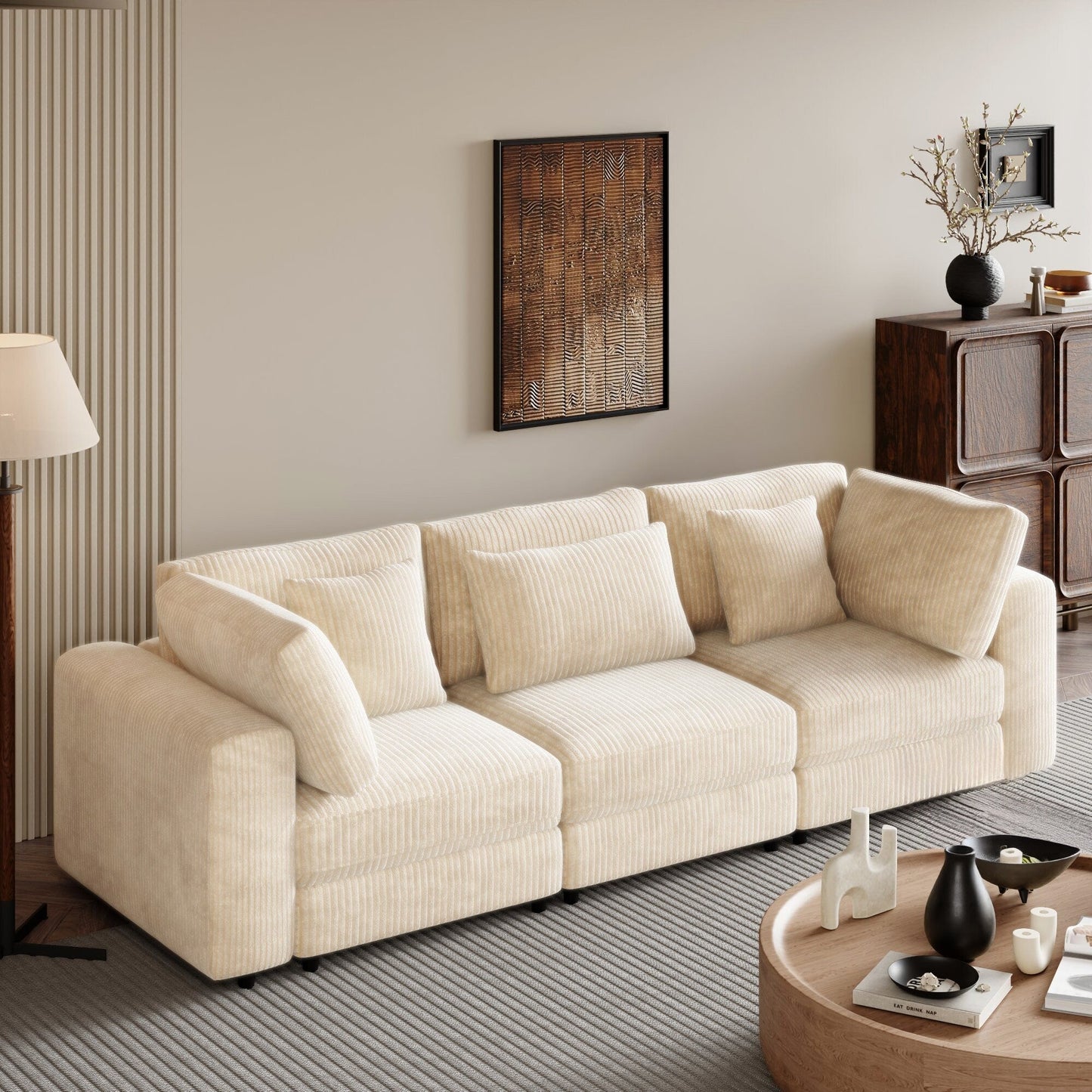 Corduroy Upholstered 3-seater Sofa with Removable Cushions