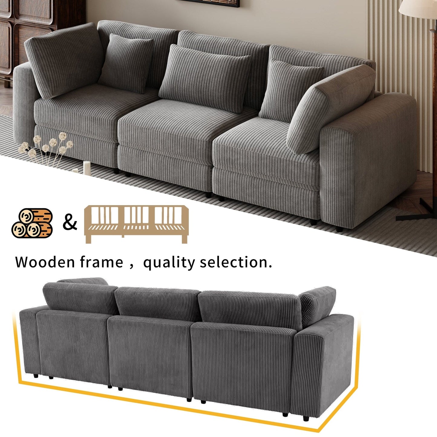 Corduroy Upholstered 3-seater Sofa with Removable Cushions