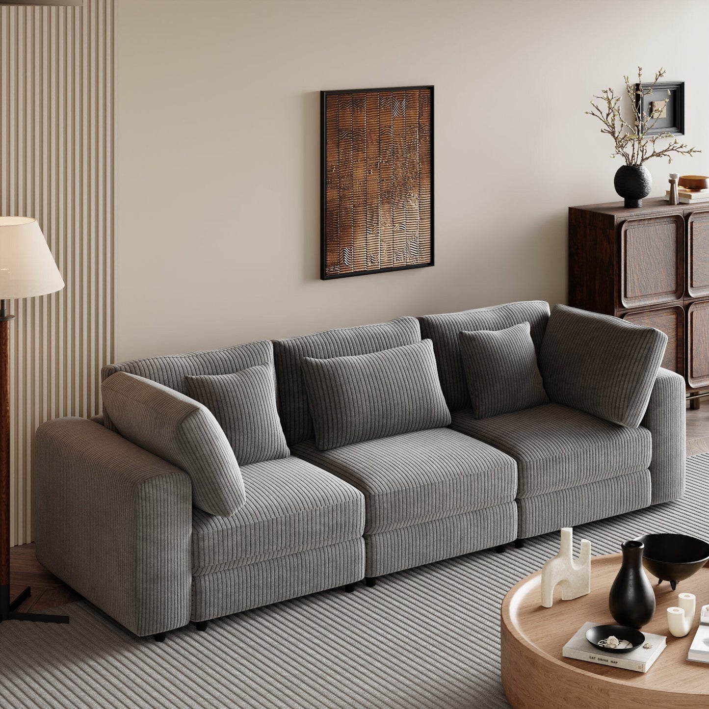 Corduroy Upholstered 3-seater Sofa with Removable Cushions