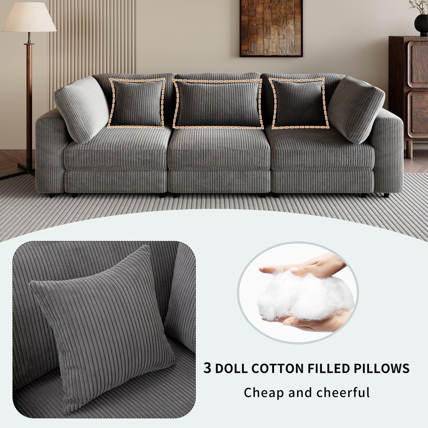 Corduroy Upholstered 3-seater Sofa with Removable Cushions