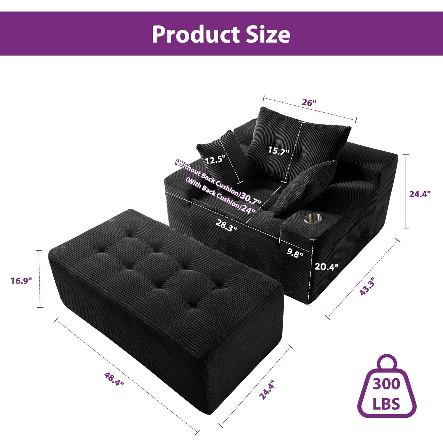 Corduroy Upholstered Memory Foam Sofa With Ottoman Upholstered Bean Bag Couch - 48.4Lx67.7Wx24.4H