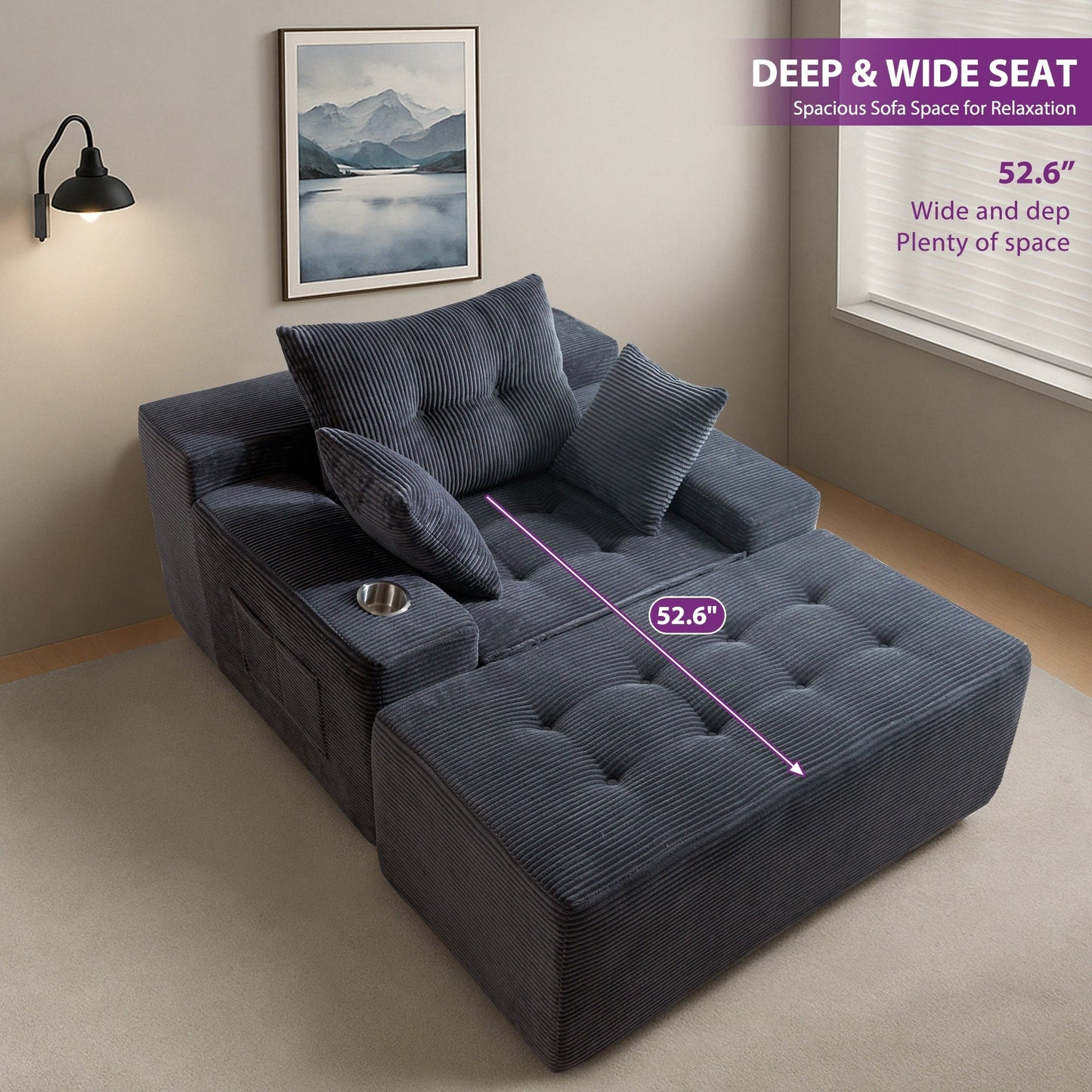 Corduroy Upholstered Memory Foam Sofa With Ottoman Upholstered Bean Bag Couch - 48.4Lx67.7Wx24.4H