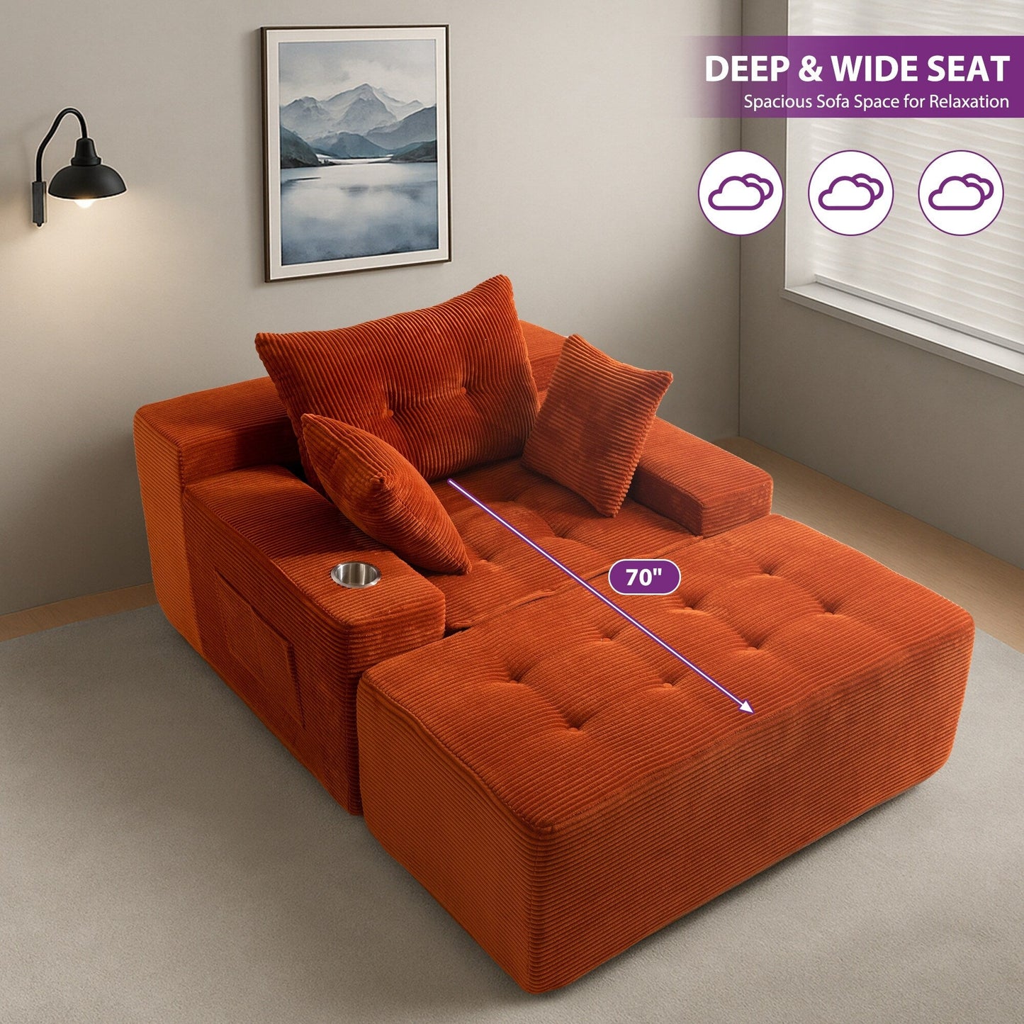 Corduroy Upholstered Memory Foam Sofa With Ottoman Upholstered Bean Bag Couch - 48.4Lx67.7Wx24.4H