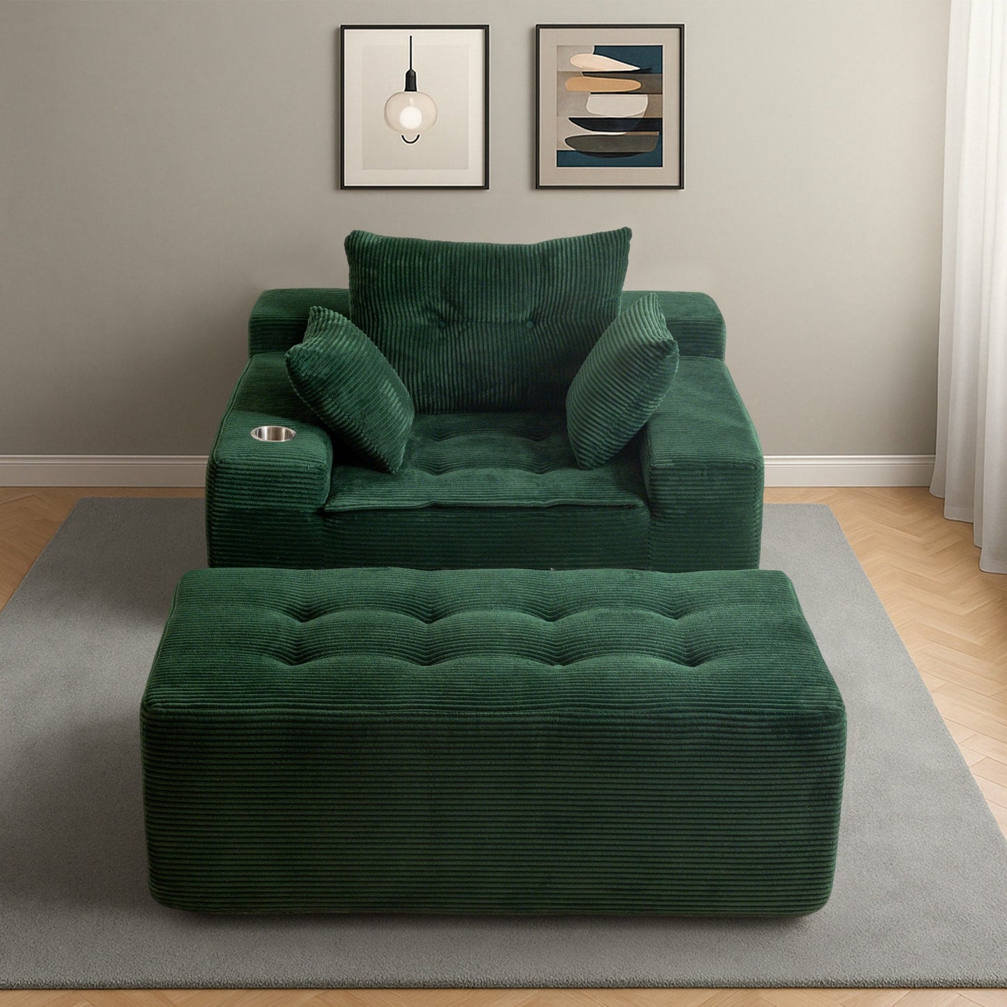 Corduroy Upholstered Memory Foam Sofa With Ottoman Upholstered Bean Bag Couch - 48.4Lx67.7Wx24.4H