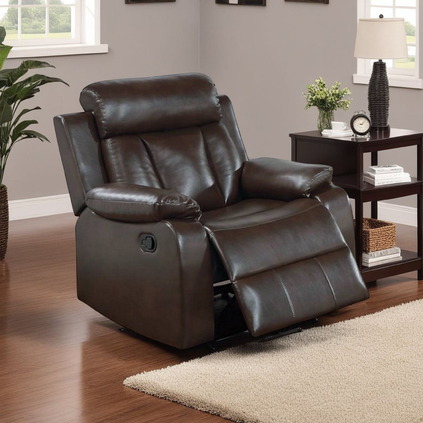 Corie Manual Recliner Chair, Pillow Cushioned, Brown Faux Leather