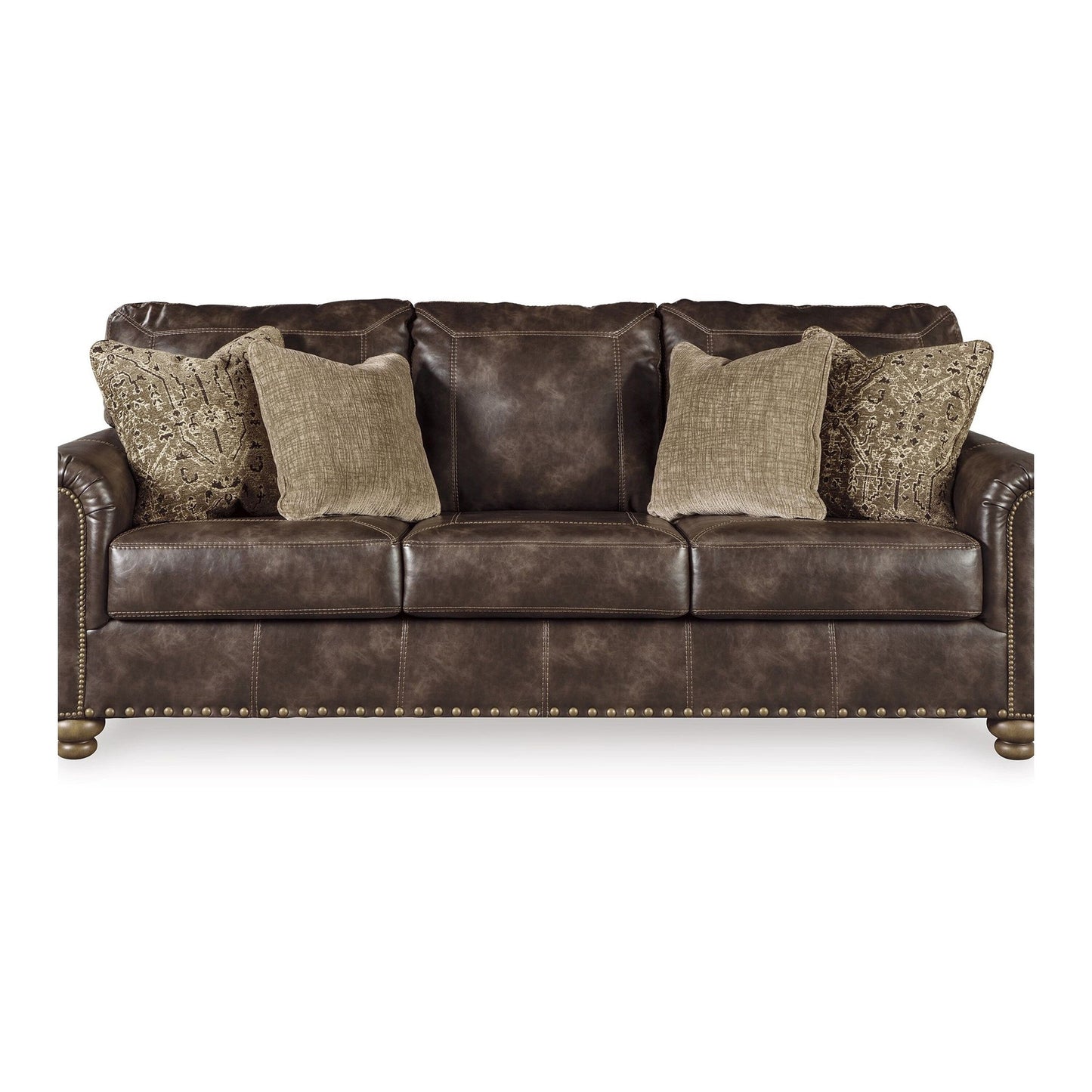 Corvo Sofa, Coffee Brown Faux Leather, 4 Accent Pillows, 97 Inch