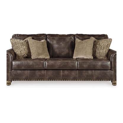Corvo Sofa, Coffee Brown Faux Leather, 4 Accent Pillows, 97 Inch