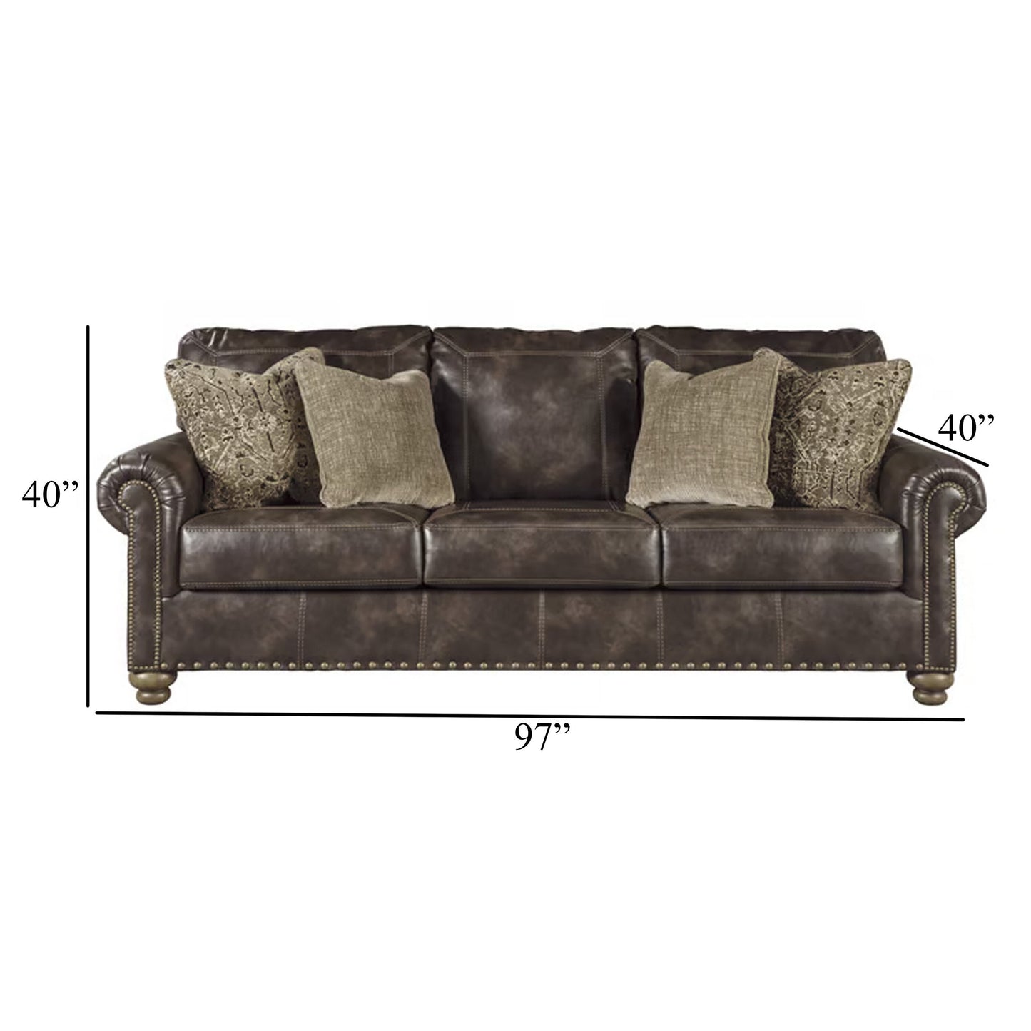 Corvo Sofa, Coffee Brown Faux Leather, 4 Accent Pillows, 97 Inch