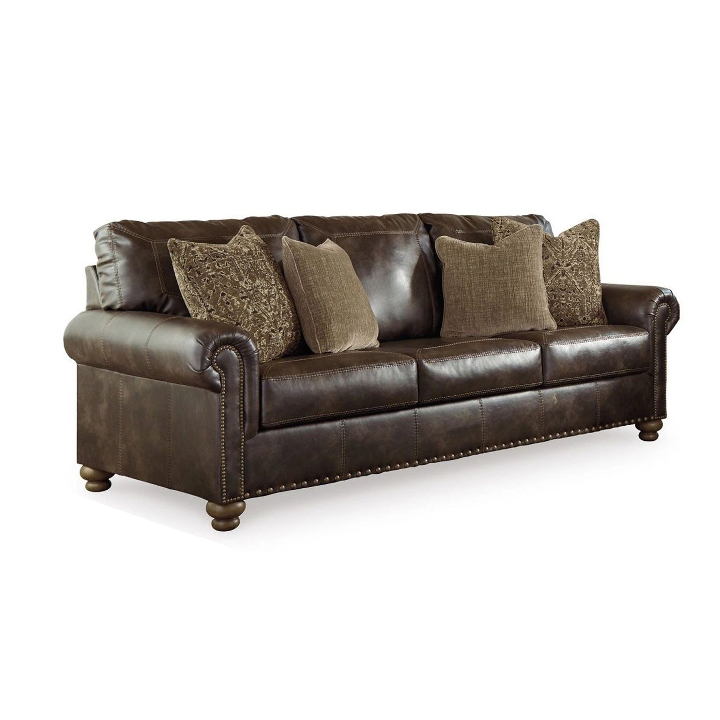 Corvo Sofa, Coffee Brown Faux Leather, 4 Accent Pillows, 97 Inch