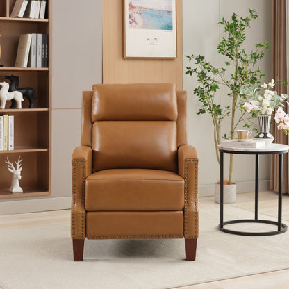 Genuine Leather Pushback Recliner with Multi-Angle Seat Back and Solid Wood Legs