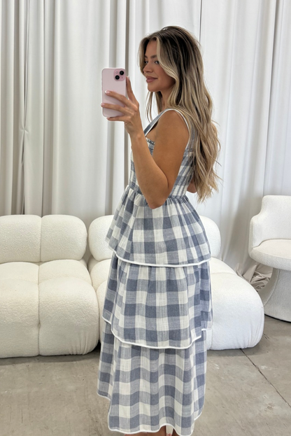 Ree Gingham Tiered Midi Dress in Blue