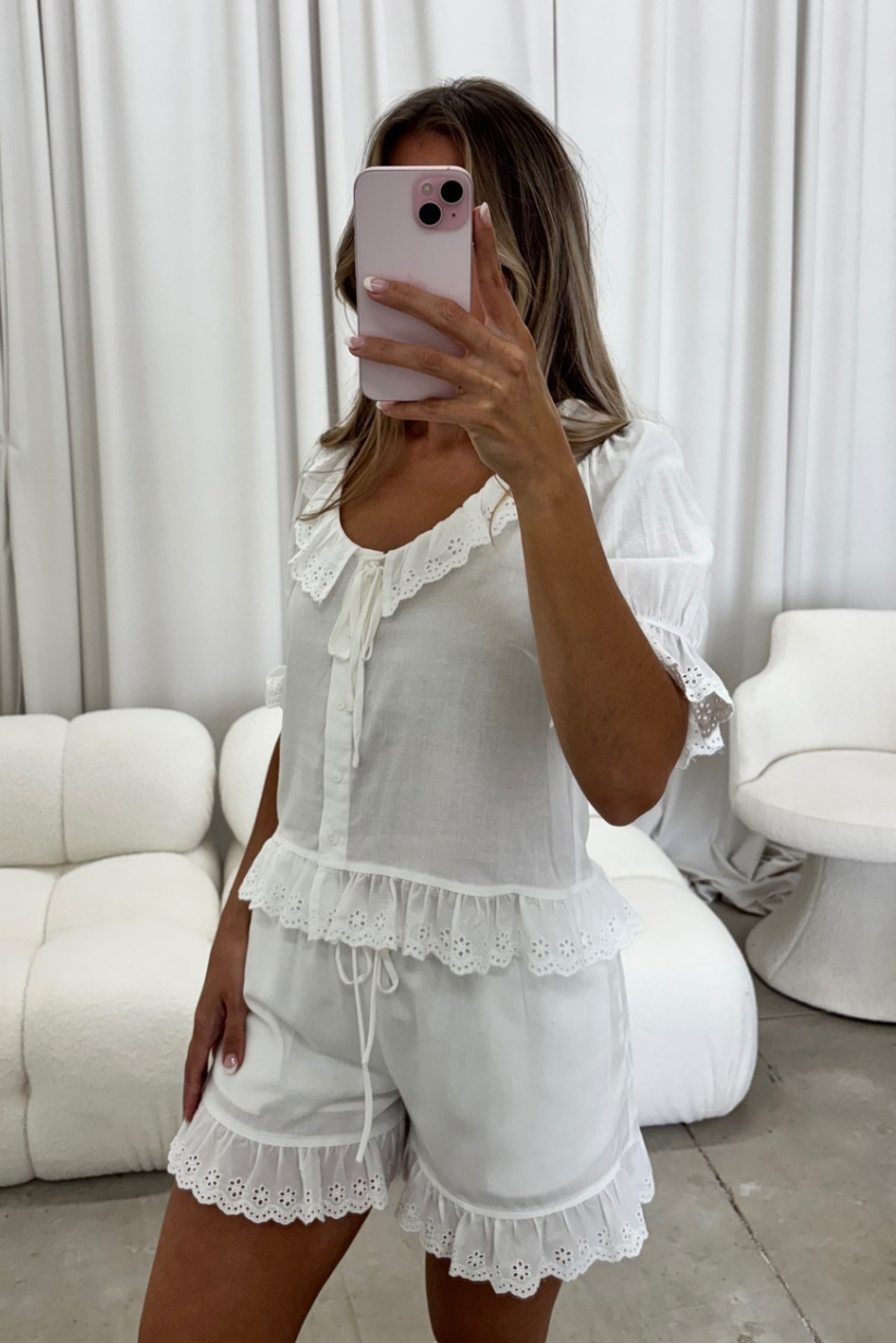 Tyler Shorts With Eyelet Ruffle Trim in Ivory