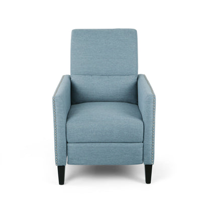 Davy Pushback Recliner Chair, Nailhead Trim, Birch Wood, Blue Fabric