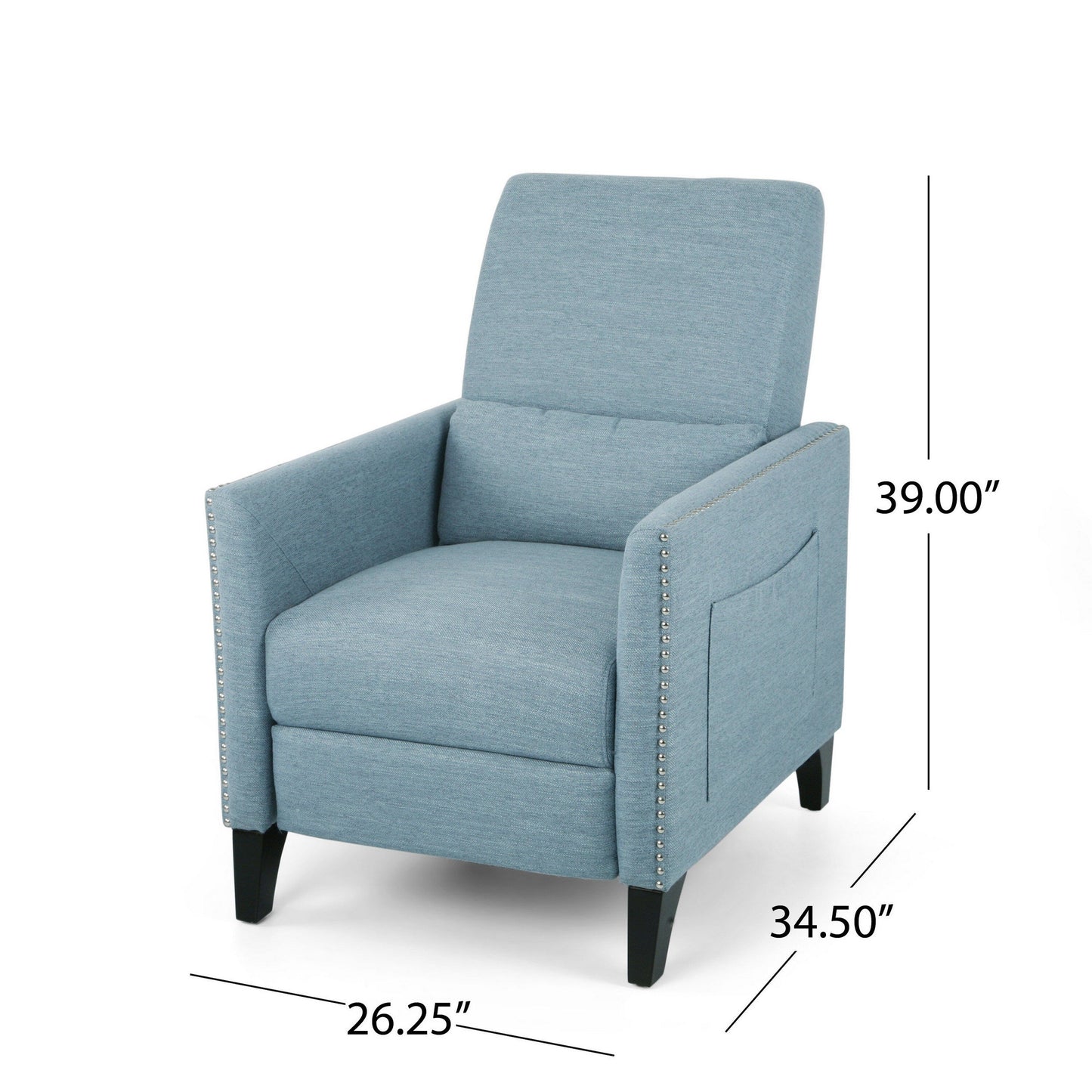 Davy Pushback Recliner Chair, Nailhead Trim, Birch Wood, Blue Fabric