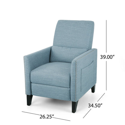 Davy Pushback Recliner Chair, Nailhead Trim, Birch Wood, Blue Fabric