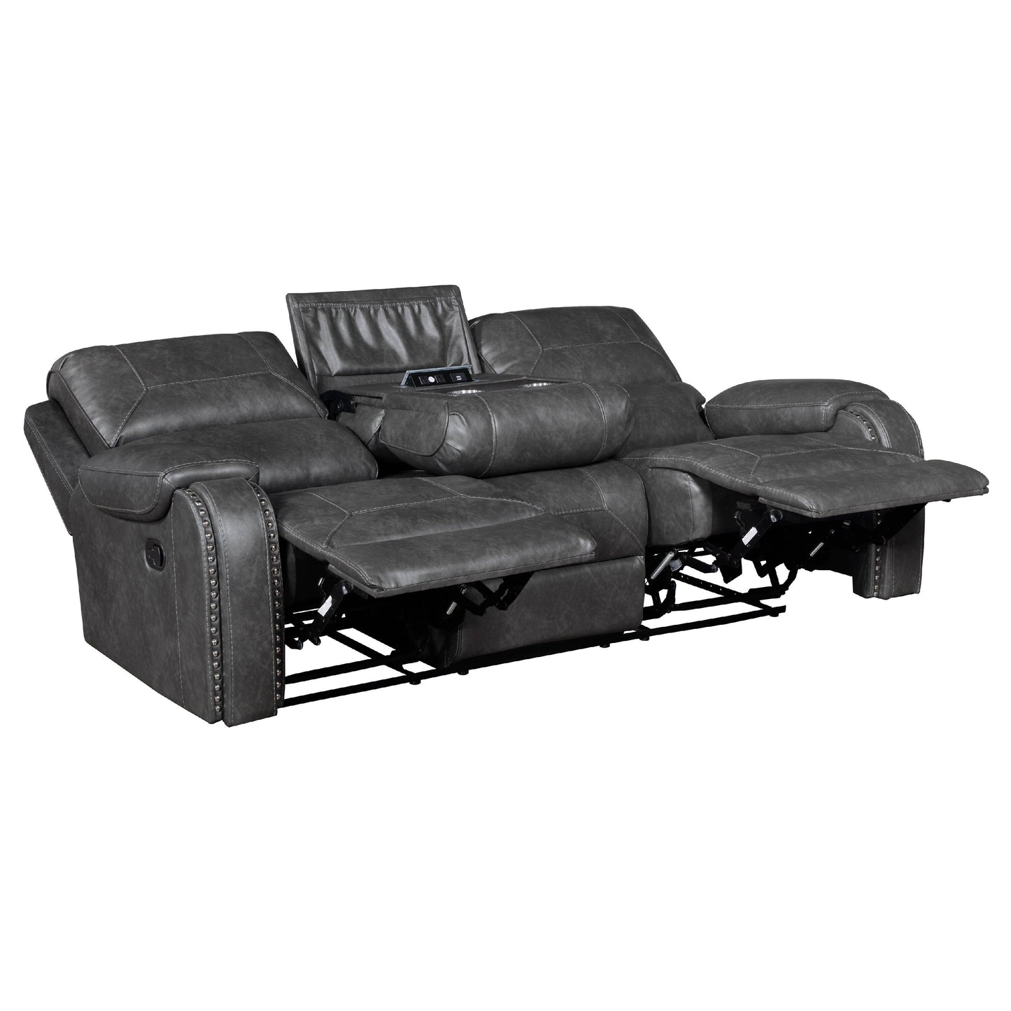 Dean Reclining Sofa, Pillow Tufted Gray Faux Leather 87 Inch
