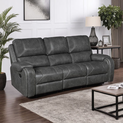 Dean Reclining Sofa, Pillow Tufted Gray Faux Leather 87 Inch