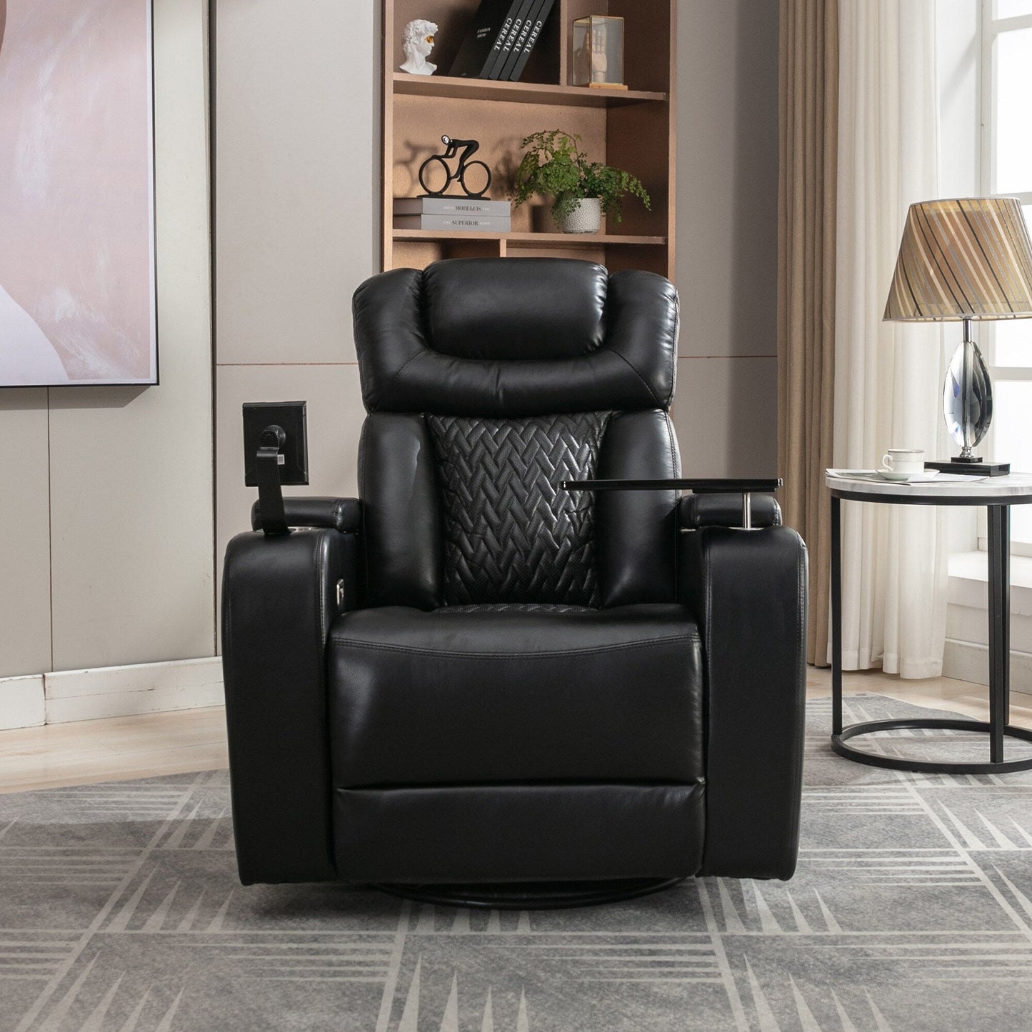 Degree Swivel PU Leather Power Recliner Individual Seat Home Theater Recliner with Tray Table,Cup Holder,Hidden Arm Storage