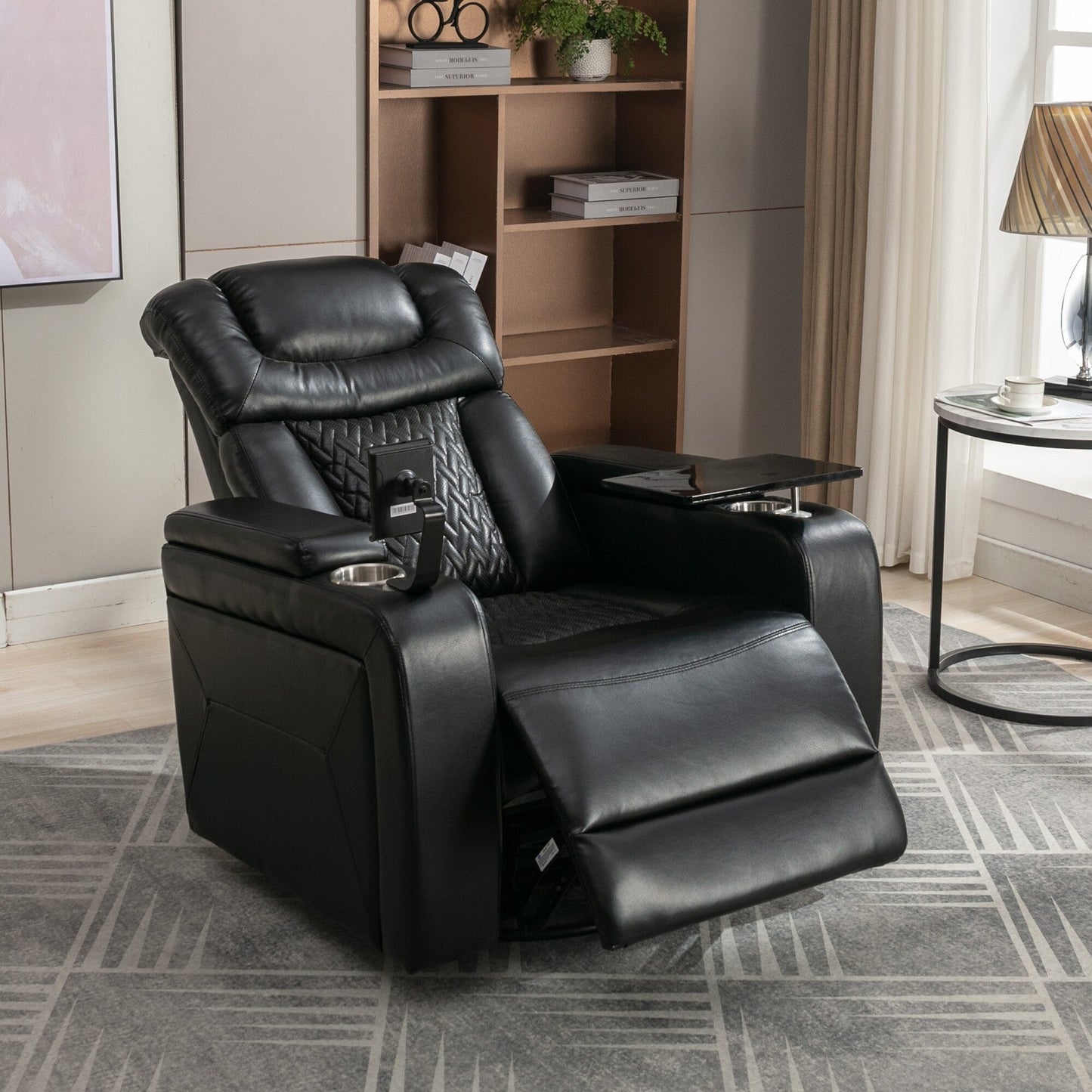 Degree Swivel PU Leather Power Recliner Individual Seat Home Theater Recliner with Tray Table,Cup Holder,Hidden Arm Storage