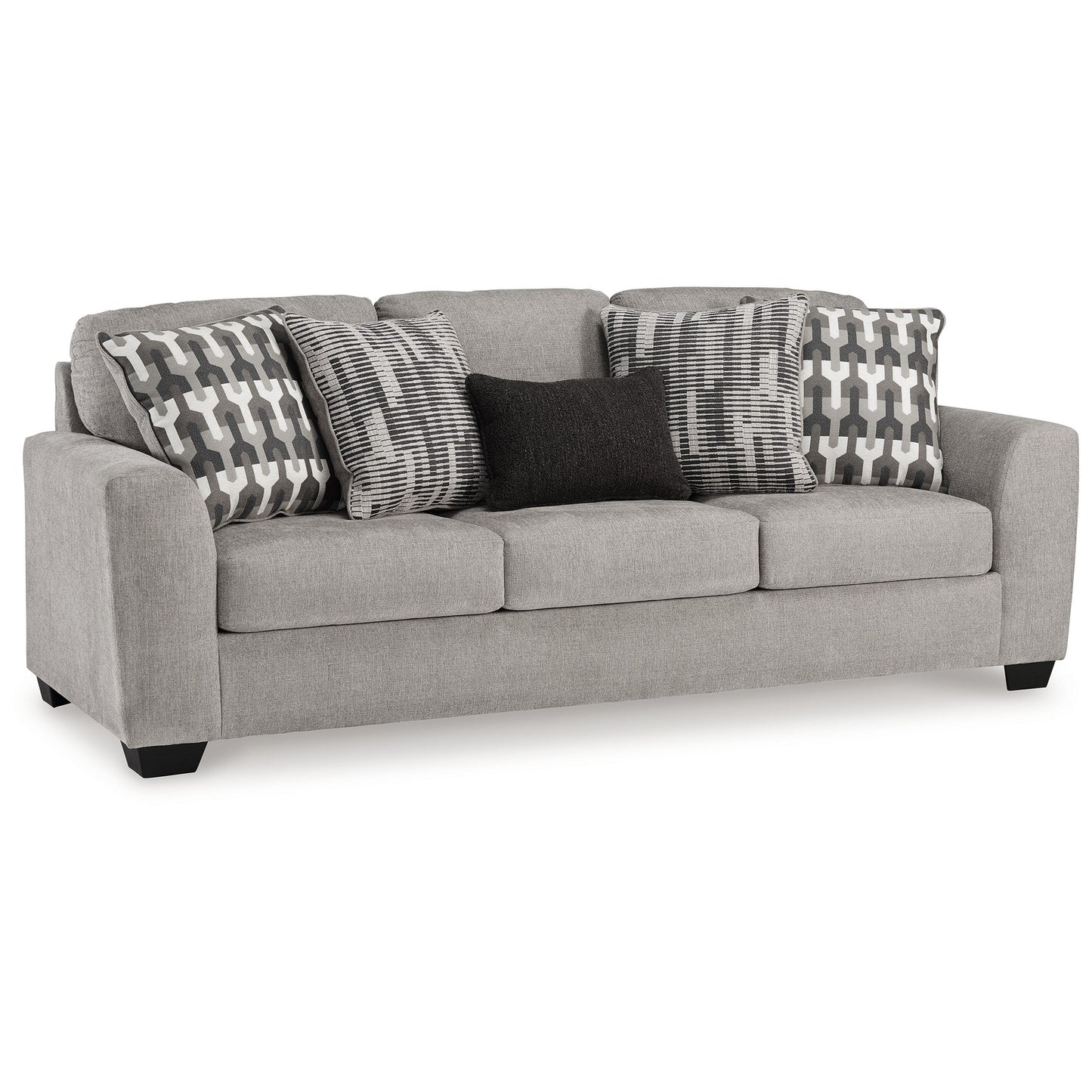Delaney Sofa, Gray Polyester, 5 Accent Throw Pillows, Black, 97 Inch