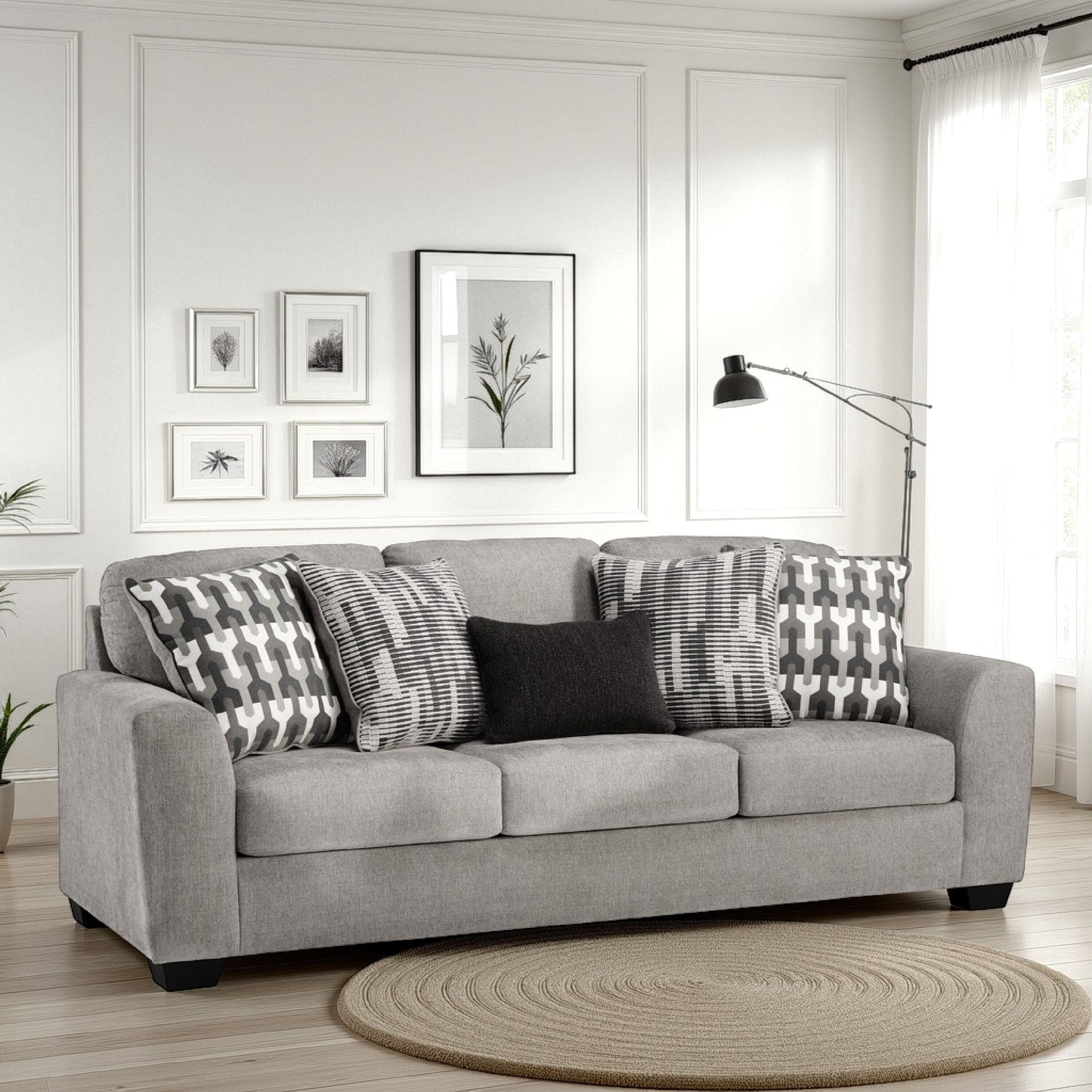 Delaney Sofa, Gray Polyester, 5 Accent Throw Pillows, Black, 97 Inch