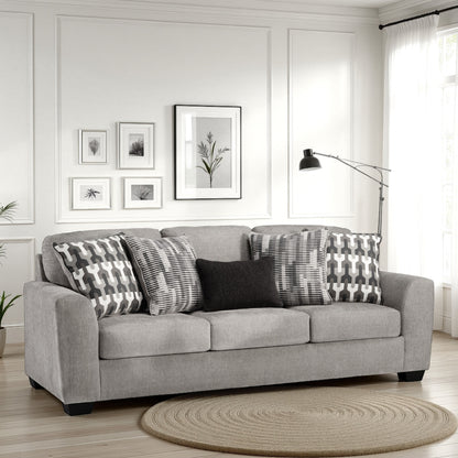 Delaney Sofa, Gray Polyester, 5 Accent Throw Pillows, Black, 97 Inch