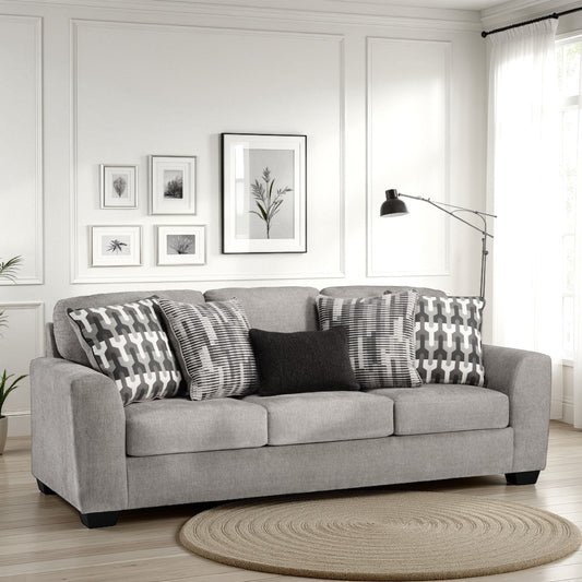 Delaney Sofa, Gray Polyester, 5 Accent Throw Pillows, Black, 97 Inch