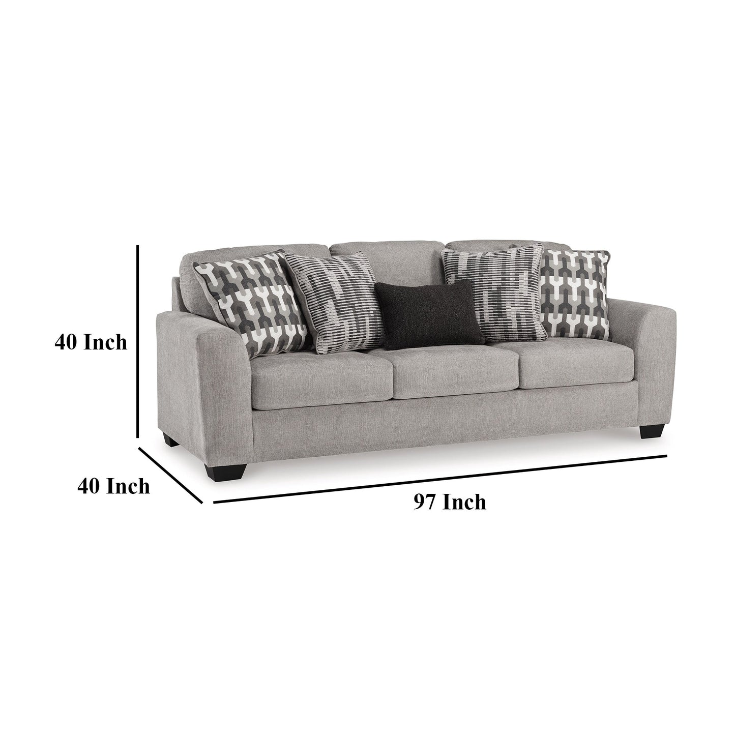 Delaney Sofa, Gray Polyester, 5 Accent Throw Pillows, Black, 97 Inch