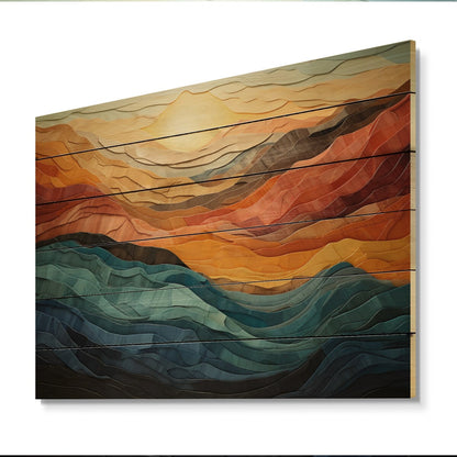 Designart Coral Teal Bold Mountains Landscape Modern Print on Natural Pine Wood