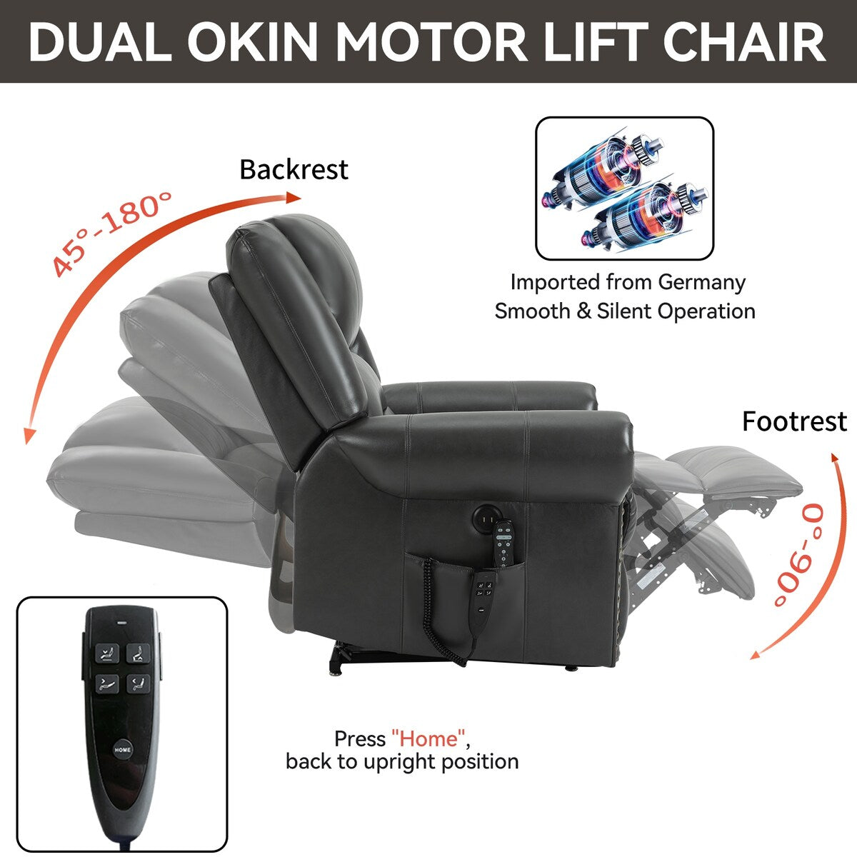 Dual Motor Power Lift Chair, Massage  Heat, USB Ports, PU Leather