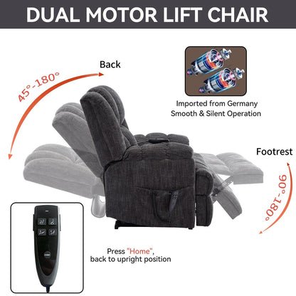 Dual Motor Power Lift Chenille Recliner with Massage and Heat, Dark gray
