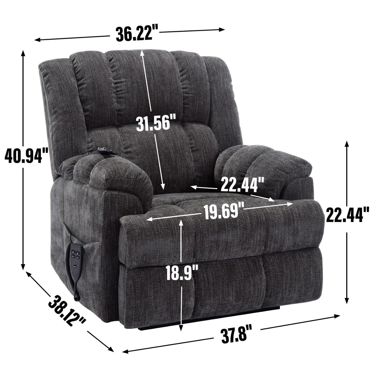 Dual Motor Power Lift Chenille Recliner with Massage and Heat, Dark gray