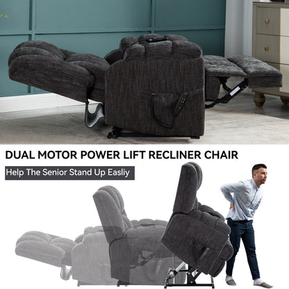 Dual Motor Power Lift Chenille Recliner with Massage and Heat, Dark gray