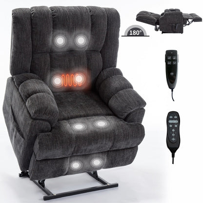 Dual Motor Power Lift Chenille Recliner with Massage and Heat, Dark gray